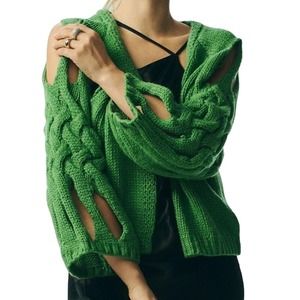 Maeve for Anthropologie Braided Green Cardigan Sweater One Size